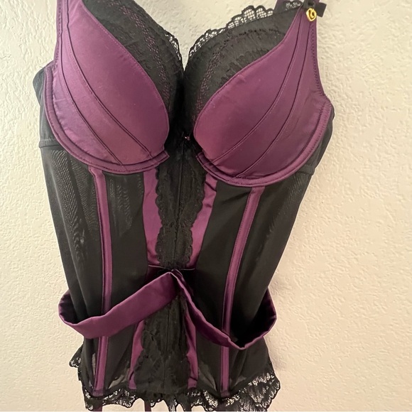Lovehoney black & purple underwire, padded basque set w/lace thong; sz l nwot - Picture 4 of 14